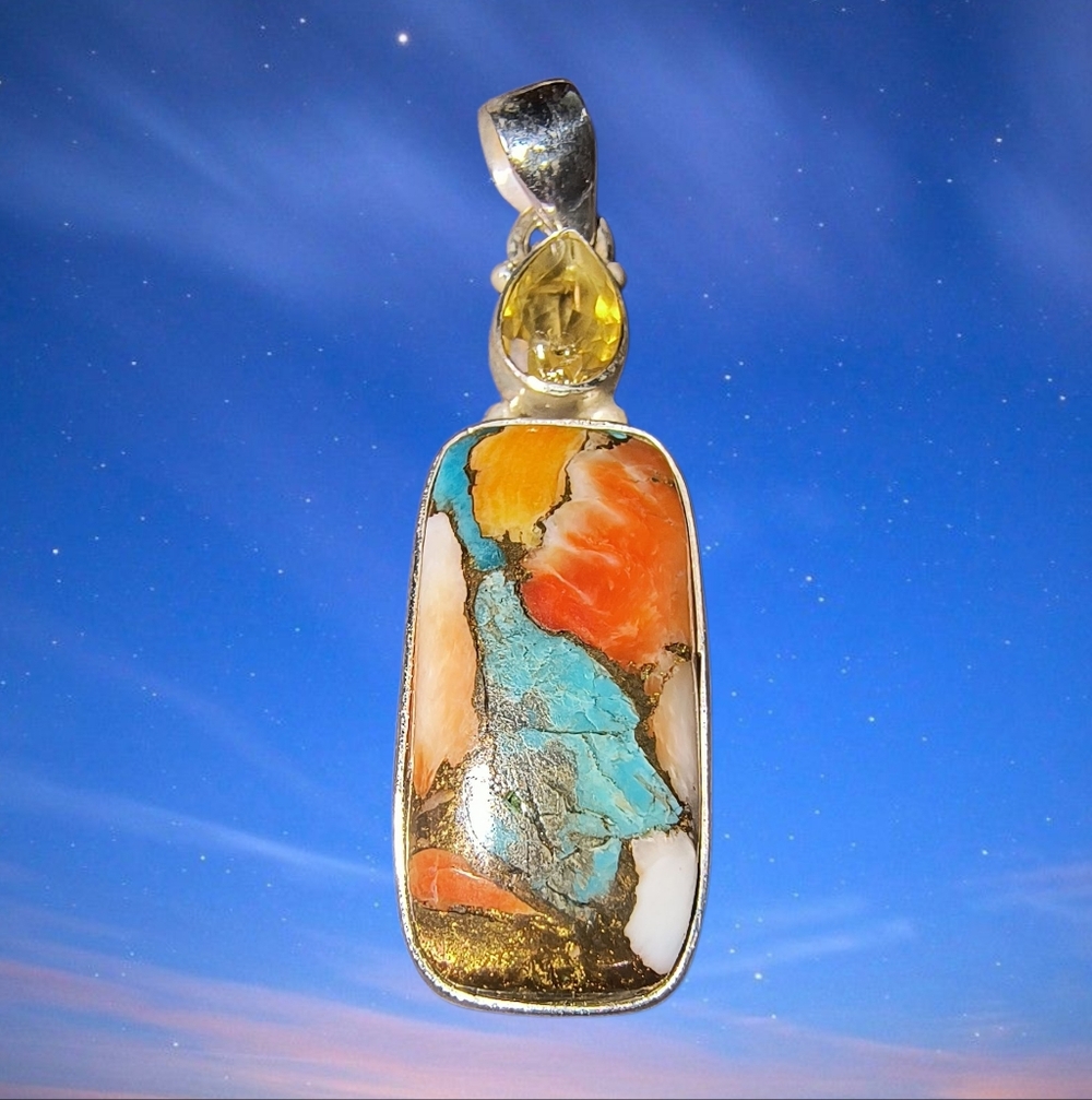 Spiny Oyster Arizona Copper Turquoise And Citrine Pendant